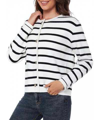 Women's Striped Cardigan Sweater Trendy Long Sleeve Button Down Crewneck Knit Cardigans Black+white $24.29 Sweaters