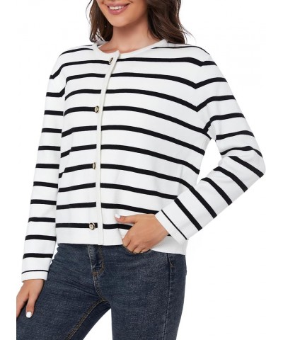 Women's Striped Cardigan Sweater Trendy Long Sleeve Button Down Crewneck Knit Cardigans Black+white $24.29 Sweaters