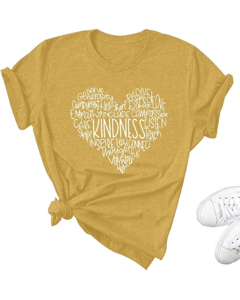 Womens Kindness Graphic T-Shirt: Cute Be Kind Graphic Tees Inspirational Letter Shirt Teacher Casual Tops Yellow $9.85 T-Shirts