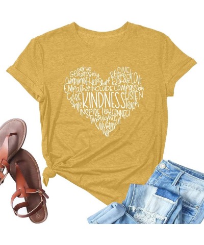 Womens Kindness Graphic T-Shirt: Cute Be Kind Graphic Tees Inspirational Letter Shirt Teacher Casual Tops Yellow $9.85 T-Shirts