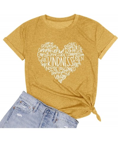 Womens Kindness Graphic T-Shirt: Cute Be Kind Graphic Tees Inspirational Letter Shirt Teacher Casual Tops Yellow $9.85 T-Shirts