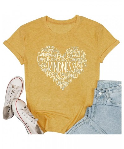 Womens Kindness Graphic T-Shirt: Cute Be Kind Graphic Tees Inspirational Letter Shirt Teacher Casual Tops Yellow $9.85 T-Shirts