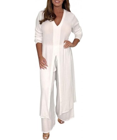 Women Outfit Sets Summer Ladies Casual Fashion Chiffon Long Sleeve Trousers Two Piece Set Dressy Pant Suits White $20.34 Unde...