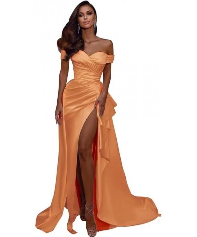 Long Satin Prom Dresses with Slit Off The Shoulder Ball Gown A Line Pleated Formal Evening Gown for Women Orange $35.20 Dresses