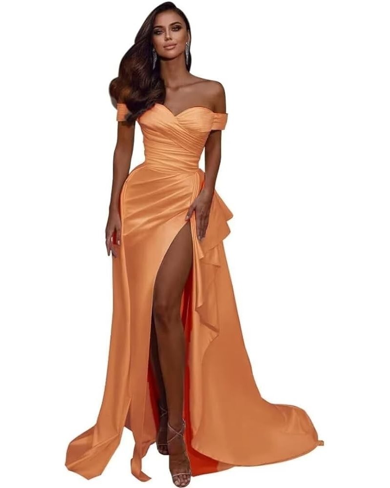 Long Satin Prom Dresses with Slit Off The Shoulder Ball Gown A Line Pleated Formal Evening Gown for Women Orange $35.20 Dresses