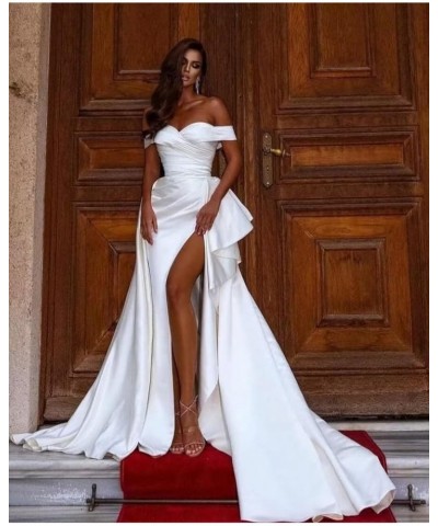 Long Satin Prom Dresses with Slit Off The Shoulder Ball Gown A Line Pleated Formal Evening Gown for Women Orange $35.20 Dresses