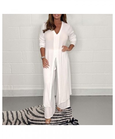 Women Outfit Sets Summer Ladies Casual Fashion Chiffon Long Sleeve Trousers Two Piece Set Dressy Pant Suits White $20.34 Unde...