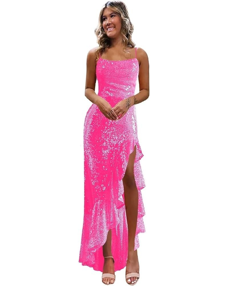 Mermaid Sequin Prom Dress with Slit Spaghetti Strap Sparkly Ruffles Long Formal Dresses Evening Gowns Hot Pink $27.60 Dresses