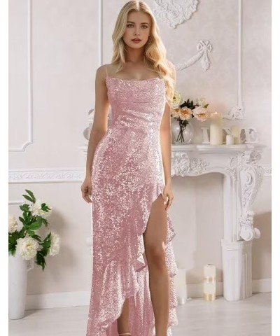 Mermaid Sequin Prom Dress with Slit Spaghetti Strap Sparkly Ruffles Long Formal Dresses Evening Gowns Hot Pink $27.60 Dresses