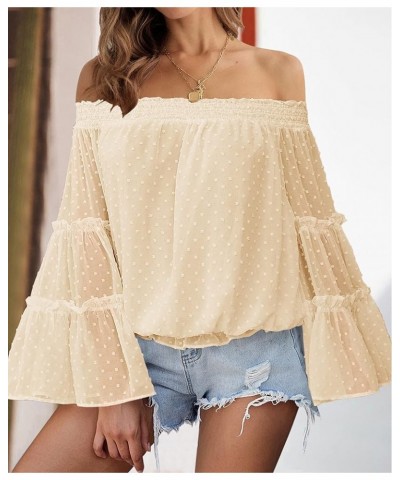 Women's 2024 Spring Summer Off The Shoulder Tops Cute Swiss Dot 3/4 Bell Sleeves Casual Ruffle Chiffon Blouse Apricot $11.14 ...