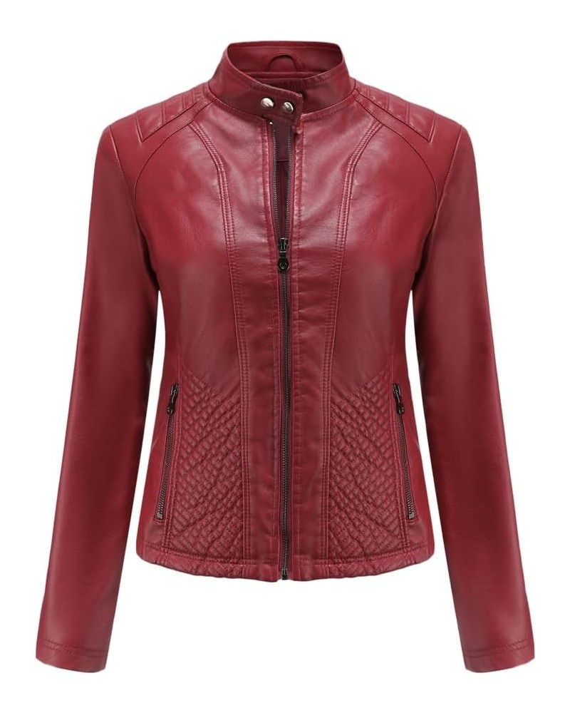 Women's Faux Leather Textured Short Moto Jacket Zip-up Lightweight Long Sleeve Slim PU Biker Coat with Pockets Wine $29.14 Coats