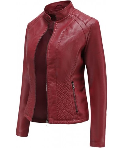 Women's Faux Leather Textured Short Moto Jacket Zip-up Lightweight Long Sleeve Slim PU Biker Coat with Pockets Wine $29.14 Coats