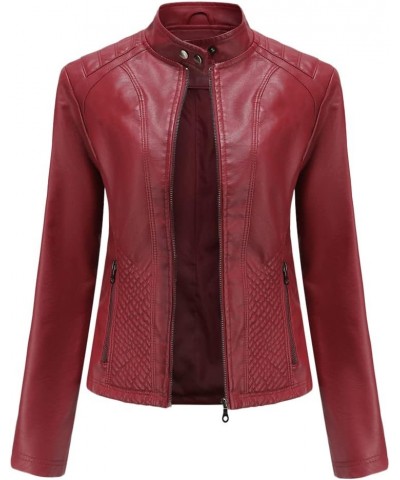 Women's Faux Leather Textured Short Moto Jacket Zip-up Lightweight Long Sleeve Slim PU Biker Coat with Pockets Wine $29.14 Coats