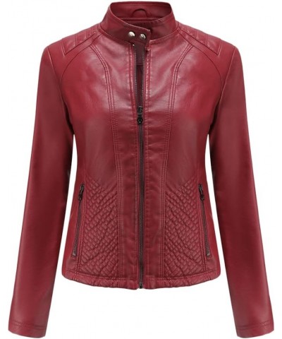 Women's Faux Leather Textured Short Moto Jacket Zip-up Lightweight Long Sleeve Slim PU Biker Coat with Pockets Wine $29.14 Coats