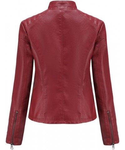 Women's Faux Leather Textured Short Moto Jacket Zip-up Lightweight Long Sleeve Slim PU Biker Coat with Pockets Wine $29.14 Coats