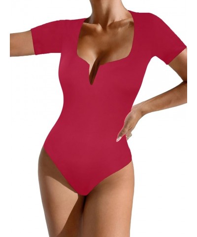 Womens Short Sleeve Deep V Neck Bodysuit Sexy Low Cut Bodycon Body Suits Tops Red $13.76 Lingerie