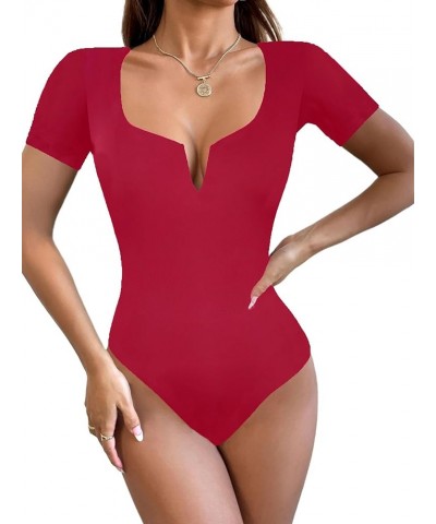 Womens Short Sleeve Deep V Neck Bodysuit Sexy Low Cut Bodycon Body Suits Tops Red $13.76 Lingerie