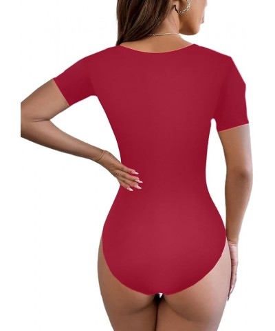 Womens Short Sleeve Deep V Neck Bodysuit Sexy Low Cut Bodycon Body Suits Tops Red $13.76 Lingerie