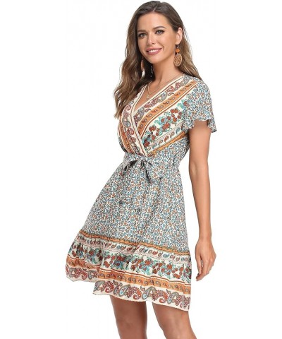 Women's Floral Summer Dresses Wrap V Neck Casual Bohemian Ruffle Swing A Line Beach Mini Dress Off White&floral $10.44 Dresses