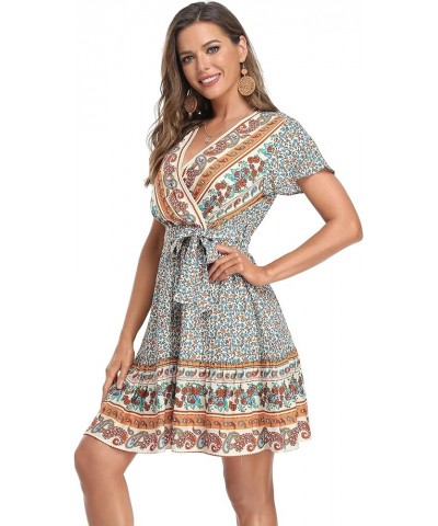 Women's Floral Summer Dresses Wrap V Neck Casual Bohemian Ruffle Swing A Line Beach Mini Dress Off White&floral $10.44 Dresses