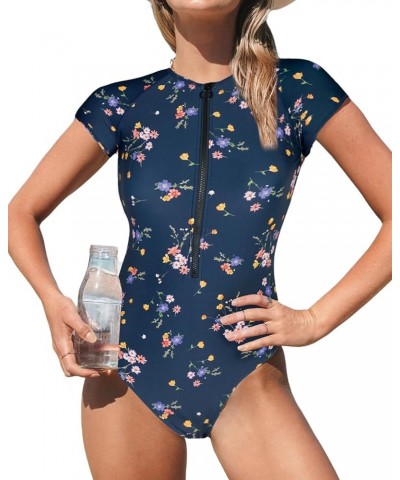 One Piece Swimsuit for Women Mock Neck Zipper Short Sleeve Bathing Suit Navy Floral $25.79 Others