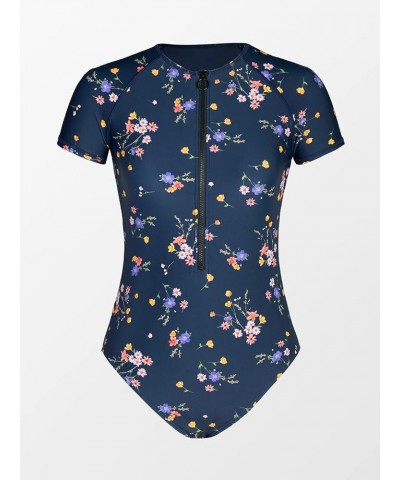 One Piece Swimsuit for Women Mock Neck Zipper Short Sleeve Bathing Suit Navy Floral $25.79 Others