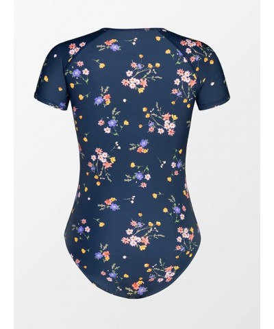 One Piece Swimsuit for Women Mock Neck Zipper Short Sleeve Bathing Suit Navy Floral $25.79 Others