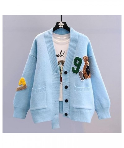 Women Cartoon Graphic Sweaters Button Long Sleeve Loose Knit Sweater Embroidered Graphic V Neck Cable Knit Cardigan Blue XL B...