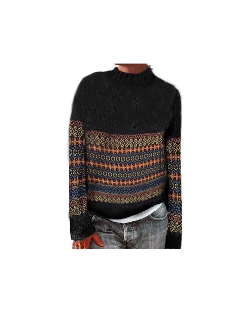 Women's Vintage Long Sleeve Pullover Sweater in Multicolor Polyester with Argyle Knit Design Zturtleneck Black $14.70 Sweaters