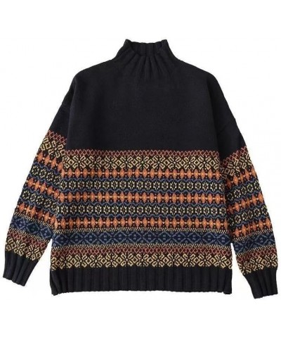 Women's Vintage Long Sleeve Pullover Sweater in Multicolor Polyester with Argyle Knit Design Zturtleneck Black $14.70 Sweaters