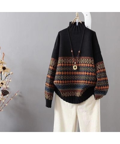 Women's Vintage Long Sleeve Pullover Sweater in Multicolor Polyester with Argyle Knit Design Zturtleneck Black $14.70 Sweaters