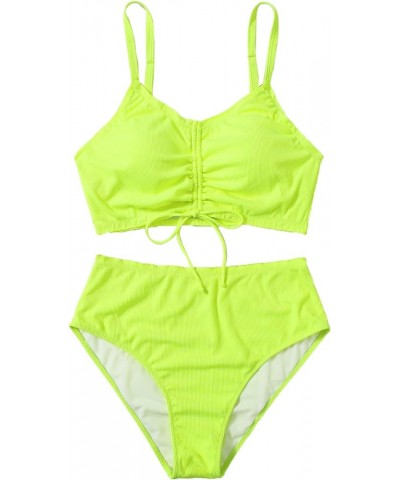 Women's Plus Size Tie Dye Rib Knit Ruched Drawstring Bikini Swimsuit Light Yellow $20.87 Swimsuits