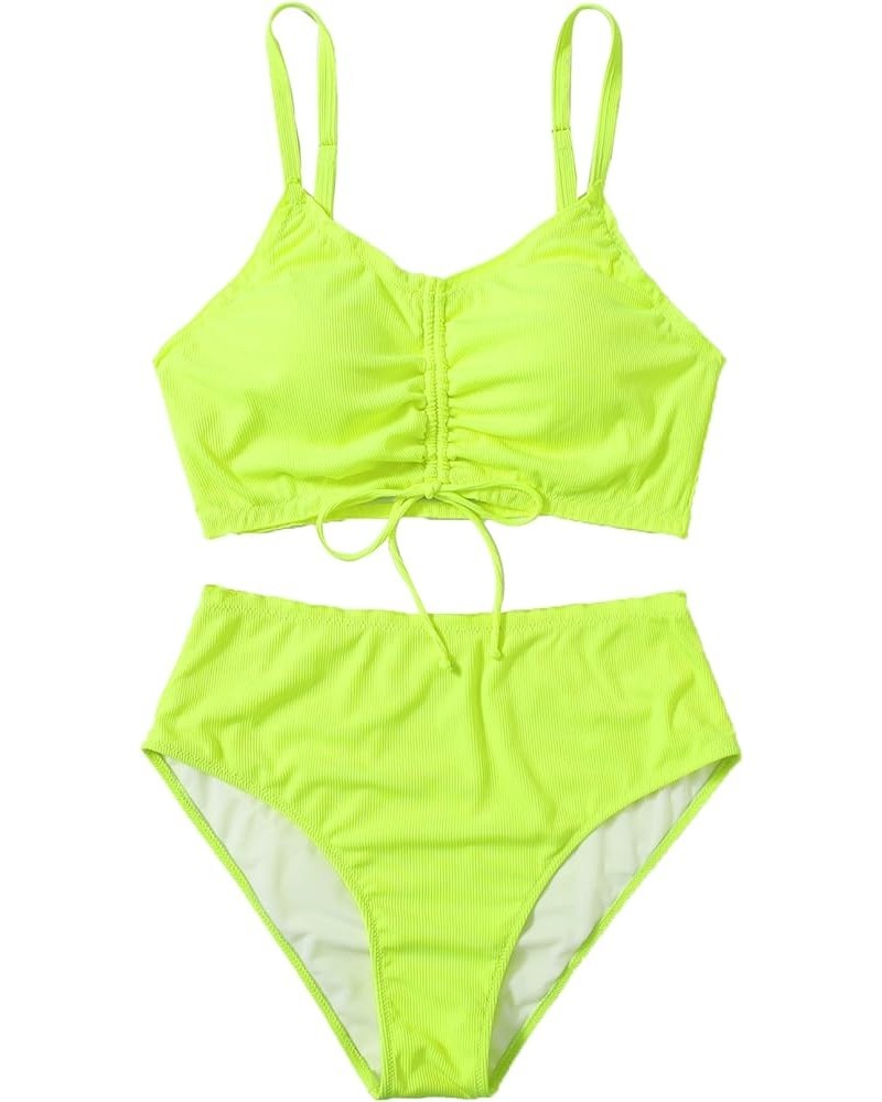 Women's Plus Size Tie Dye Rib Knit Ruched Drawstring Bikini Swimsuit Light Yellow $20.87 Swimsuits