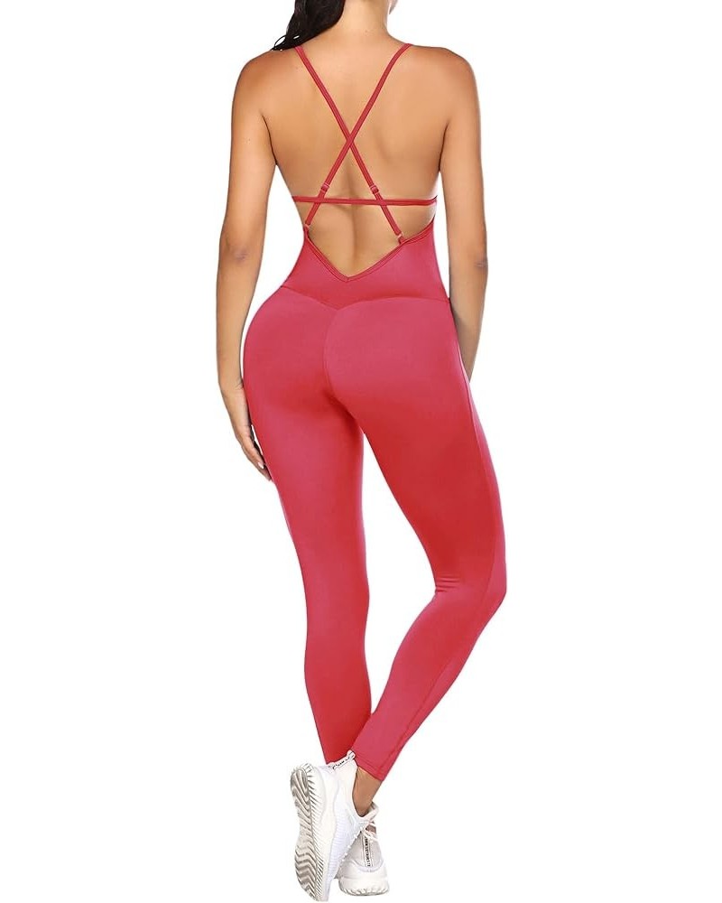 Women's Yoga Jumpsuit Backless Sports Romper Playsuit Sleeveless Gym Bodysuit Rose Red $15.89 Jumpsuits