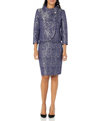 Women's Metallic Jacquard Fold Over Jacket/Skirt Suit Navy/Silver $46.51 Suits