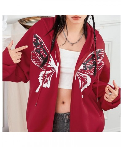 Women Zip Up Hoodies Vintage Striped Graphic Hooded Pullover Y2k Oversized Drawstring Sweatshirt Jacket with Pockets Red-1 $1...