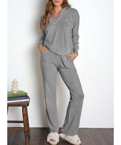 Women Sweater Set 2 Piece Outfits Long Sleeve Knit Lapel V Neck Tops High Waist Wide Leg Pants Lounge Sets Gray $24.50 Sleep ...