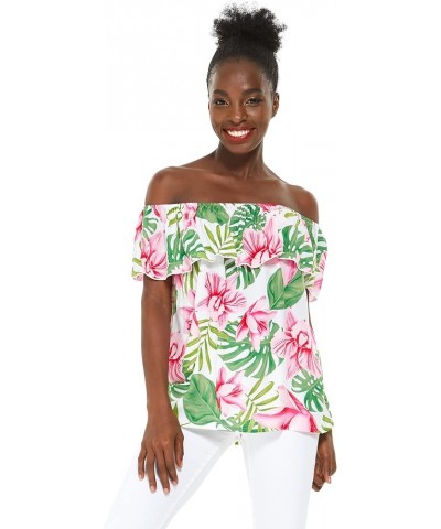 Matchable Family Hawaiian Luau Men Women Girl Boy Clothes in Lotus and Orchid Women Women Off-shoulder Ruffle Top $7.28 Blouses