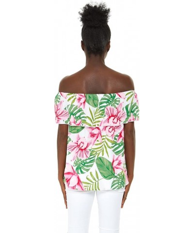 Matchable Family Hawaiian Luau Men Women Girl Boy Clothes in Lotus and Orchid Women Women Off-shoulder Ruffle Top $7.28 Blouses