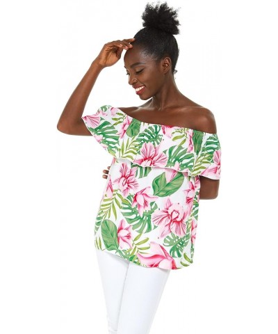 Matchable Family Hawaiian Luau Men Women Girl Boy Clothes in Lotus and Orchid Women Women Off-shoulder Ruffle Top $7.28 Blouses