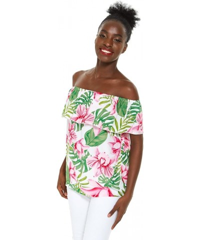 Matchable Family Hawaiian Luau Men Women Girl Boy Clothes in Lotus and Orchid Women Women Off-shoulder Ruffle Top $7.28 Blouses