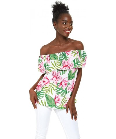 Matchable Family Hawaiian Luau Men Women Girl Boy Clothes in Lotus and Orchid Women Women Off-shoulder Ruffle Top $7.28 Blouses