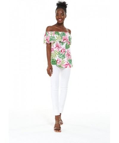 Matchable Family Hawaiian Luau Men Women Girl Boy Clothes in Lotus and Orchid Women Women Off-shoulder Ruffle Top $7.28 Blouses