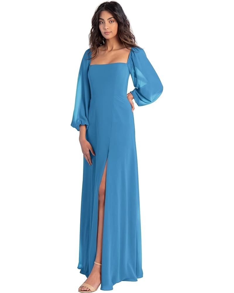 Long Sleeve Square Neck Bridesmaid Dresses with Slit Chiffon A Line Formal Evening Dress for Women Wedding Blue $33.13 Dresses