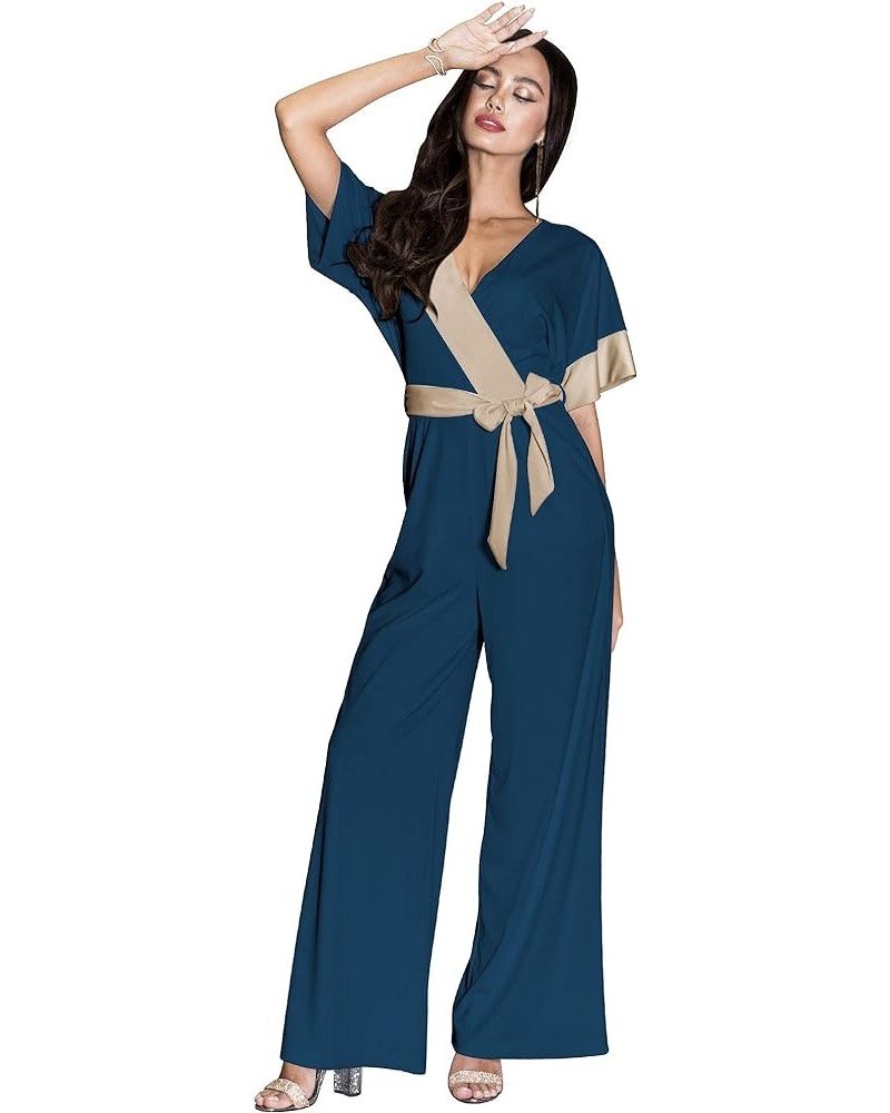 Womens Long Pant Short Kimono Sleeve Elegant Two Tone Romper Jumpsuit Blue Teal & Champagne $18.52 Jumpsuits