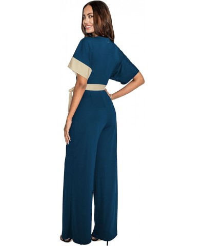 Womens Long Pant Short Kimono Sleeve Elegant Two Tone Romper Jumpsuit Blue Teal & Champagne $18.52 Jumpsuits