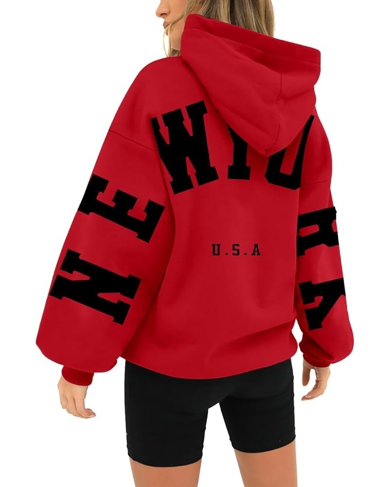 New York Hoodies Sweatshirt for Women Long Sleeved Oversized Streetwear Printed Hoodie With Pockets Y2K Red $11.99 Hoodies & ...