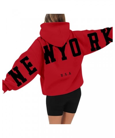 New York Hoodies Sweatshirt for Women Long Sleeved Oversized Streetwear Printed Hoodie With Pockets Y2K Red $11.99 Hoodies & ...