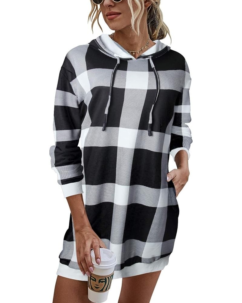 Women's Casual Plaid Long Hoodie Sweatshirt Long Sleeve Color Block Pullover Hoodie Dress with Pockets 6 Black & White $26.87...