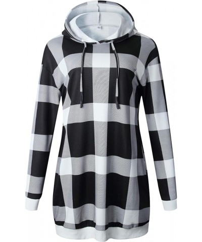 Women's Casual Plaid Long Hoodie Sweatshirt Long Sleeve Color Block Pullover Hoodie Dress with Pockets 6 Black & White $26.87...